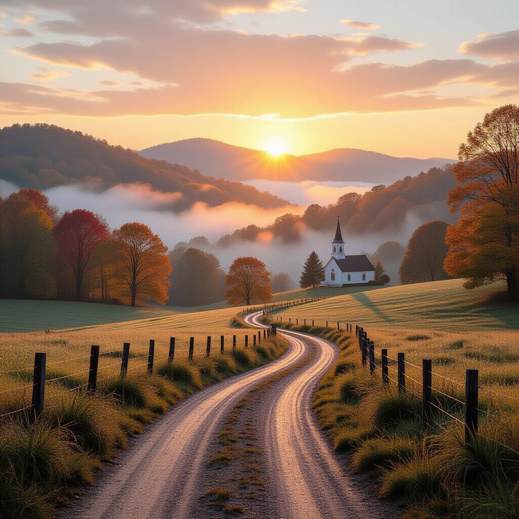 Appalachian Sunrise: Mist, Golden Leaves, and Church Steeple