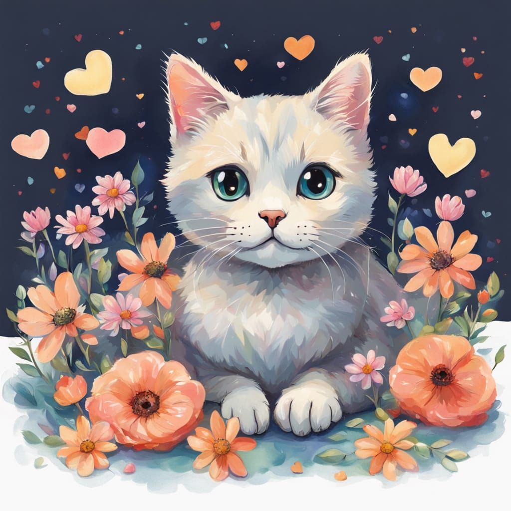 Cute Cat with Flowers in Victorian Style