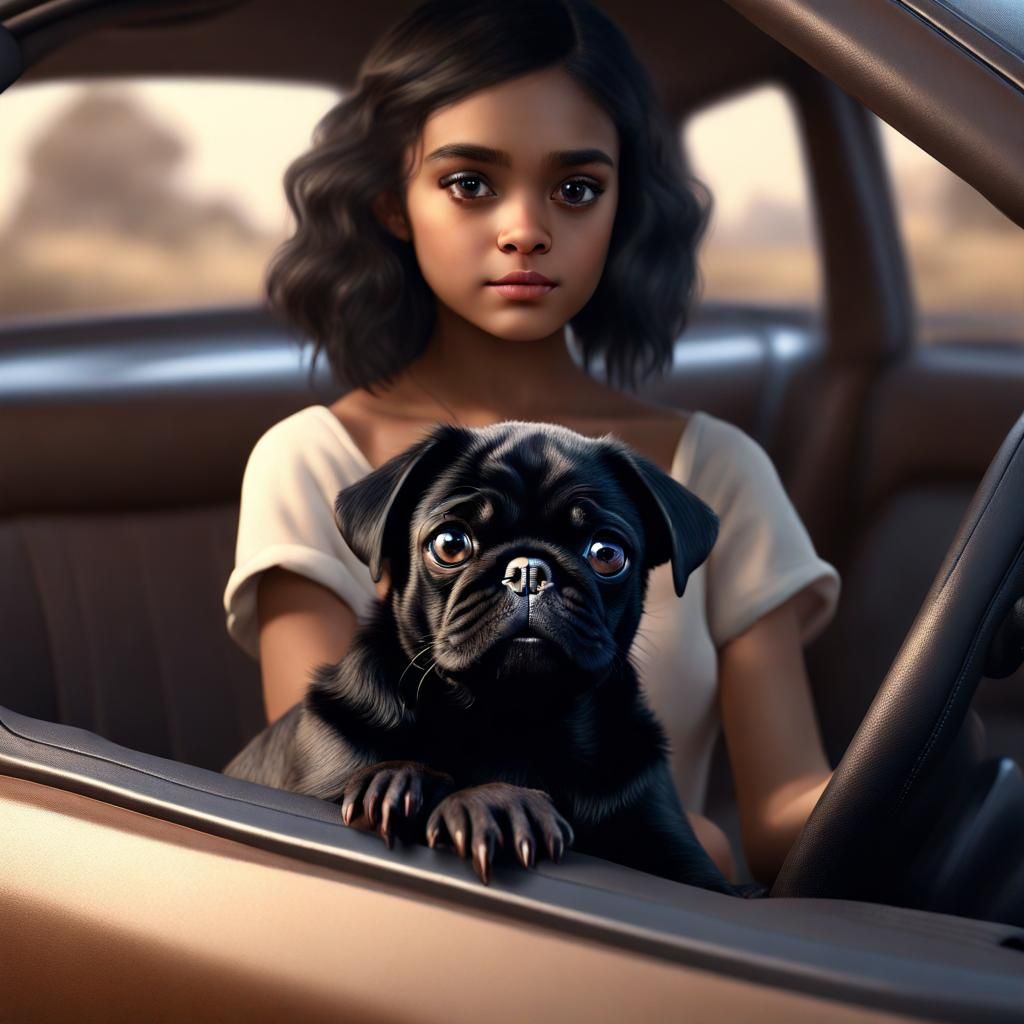 Girl with Pug Puppy in Car: Matte Painting