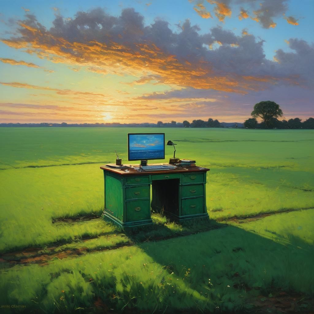 Desk in Field at Sunset: Oil Painting