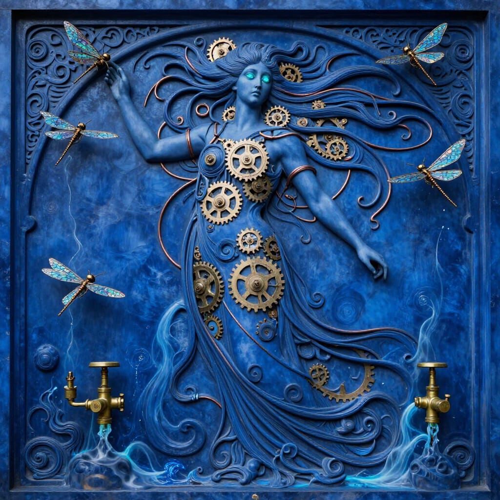 Surreal Art Nouveau Relief of Celestial Woman in Blue