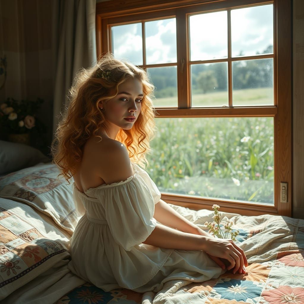 A vibrant oil painting depicting a dreamy woman seated gracefully on a plush bed. She possesses long, flowing, curly blo...