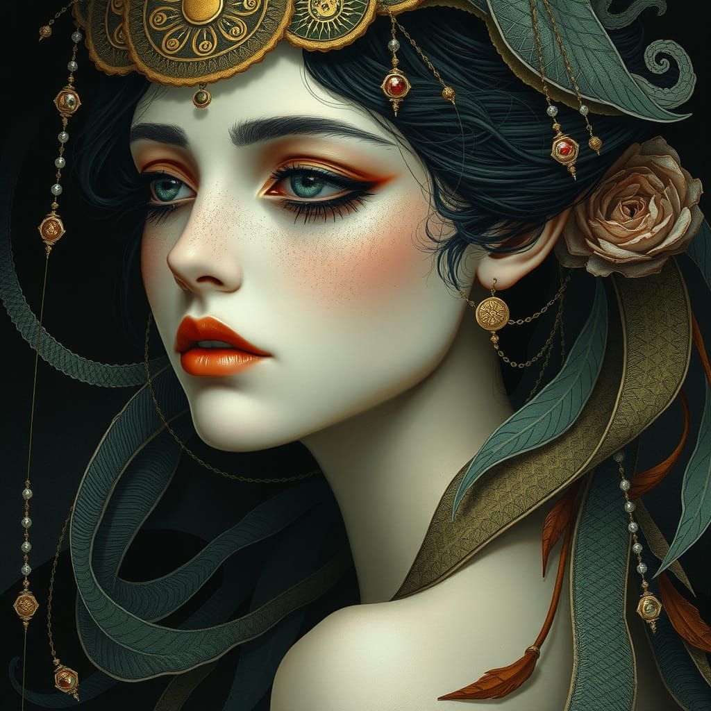 Mysterious Woman in Golden Era Elegance with Whimsical Touch...