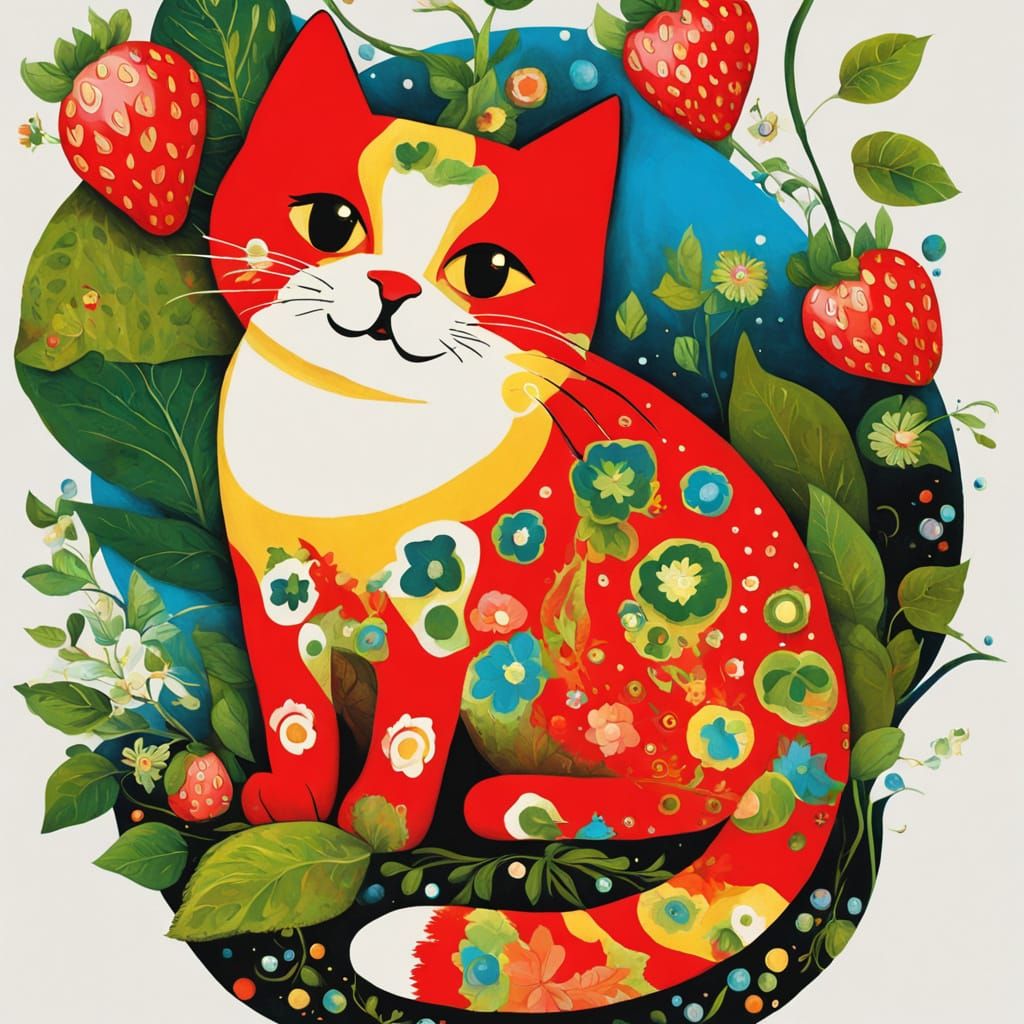 Whimsical Strawberry Cat in Vibrant Surrealist Style