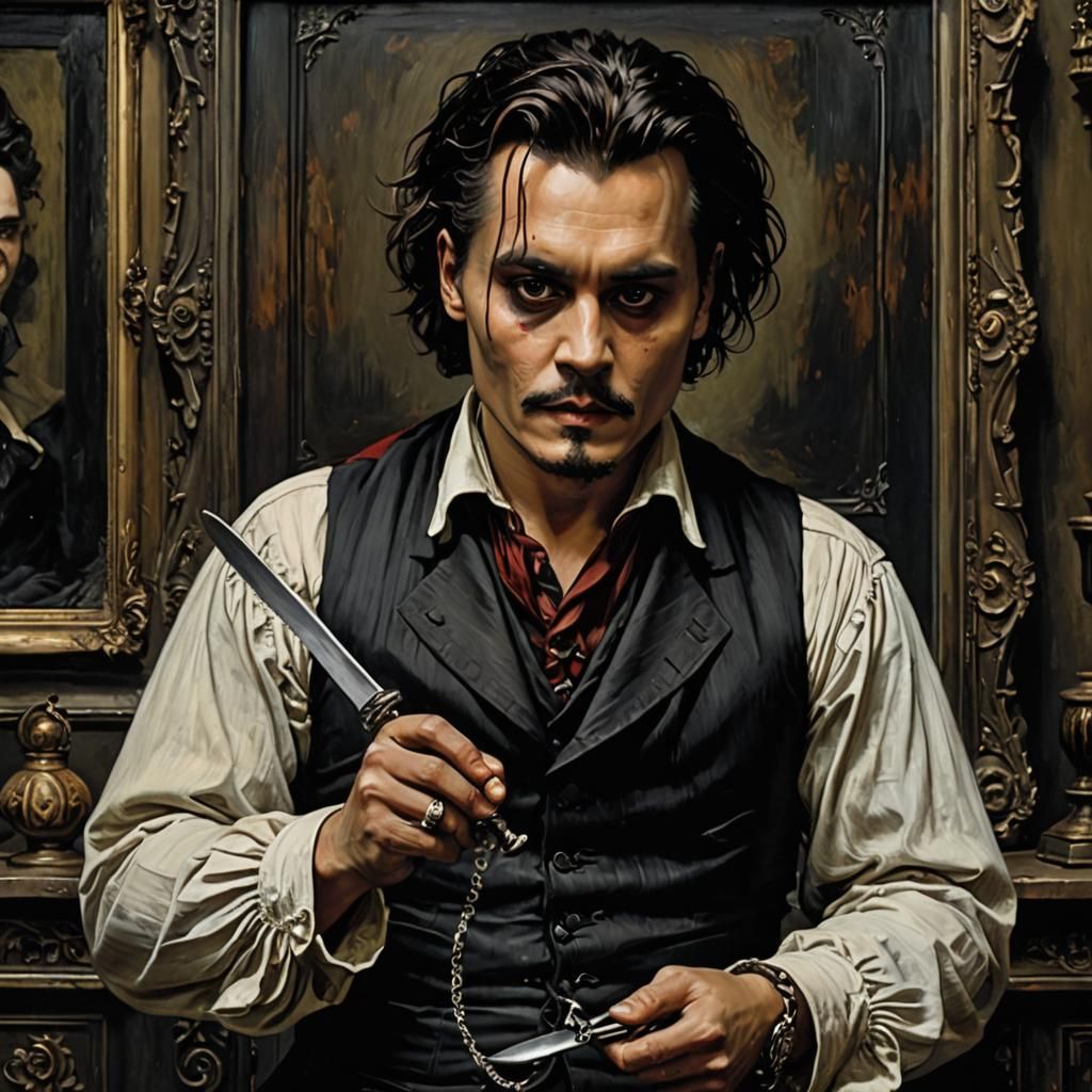 (((Johnny Depp as Sweeney Todd))) (((holding razor ✂️🩸🖤))) Victorian London, macabre hyperdetailed Oil Painting, Water...