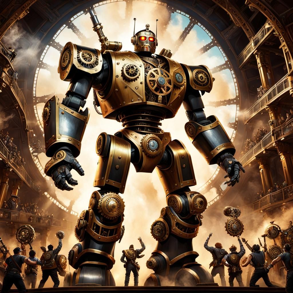 Steampunk Robo Boxer Victory in a Victorian Arena