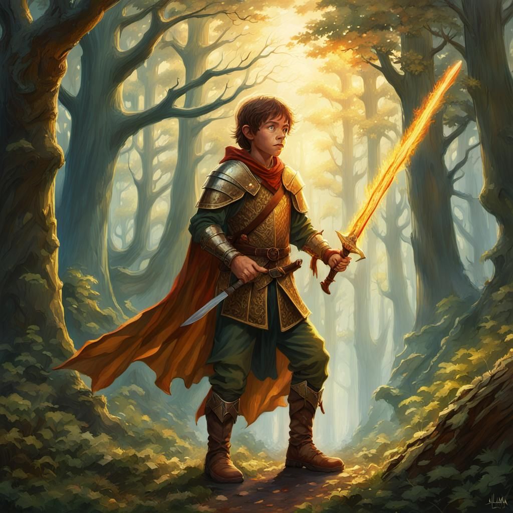 Halfling Warrior with Fire Sword in Forest