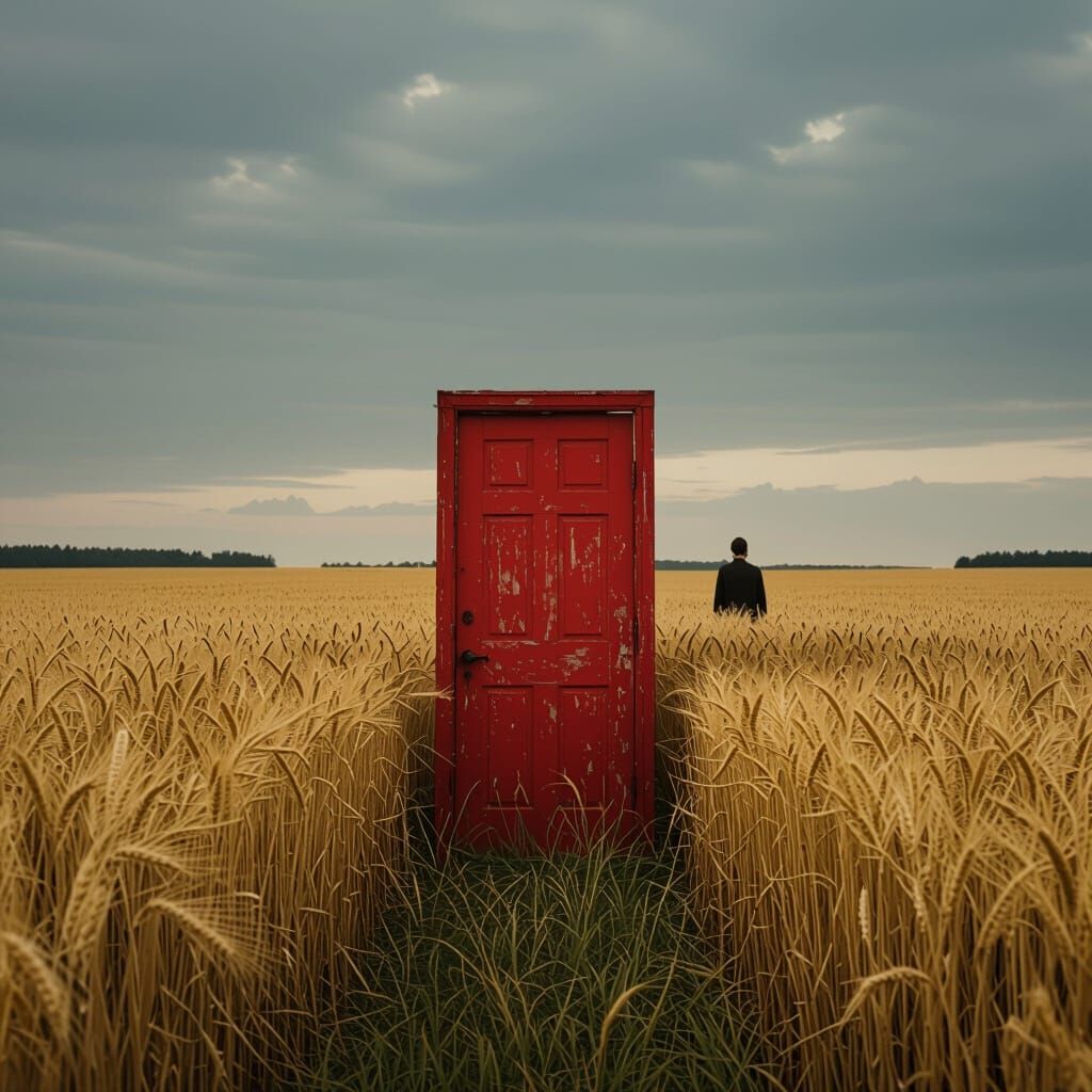 Eerie Red Door in Endless Golden Wheat Field