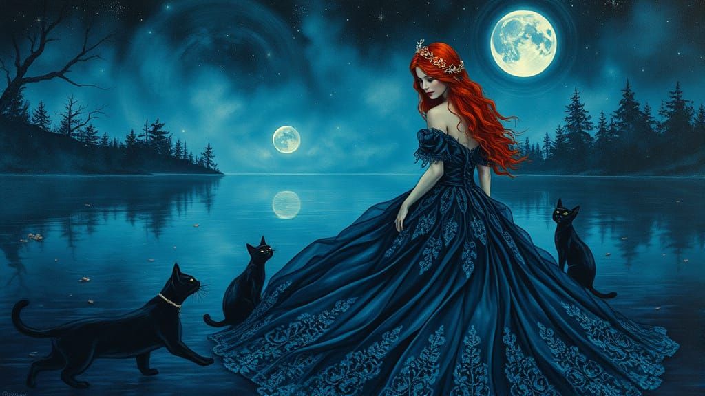 Gothic Woman with Dolls in Pre-Raphaelite Style