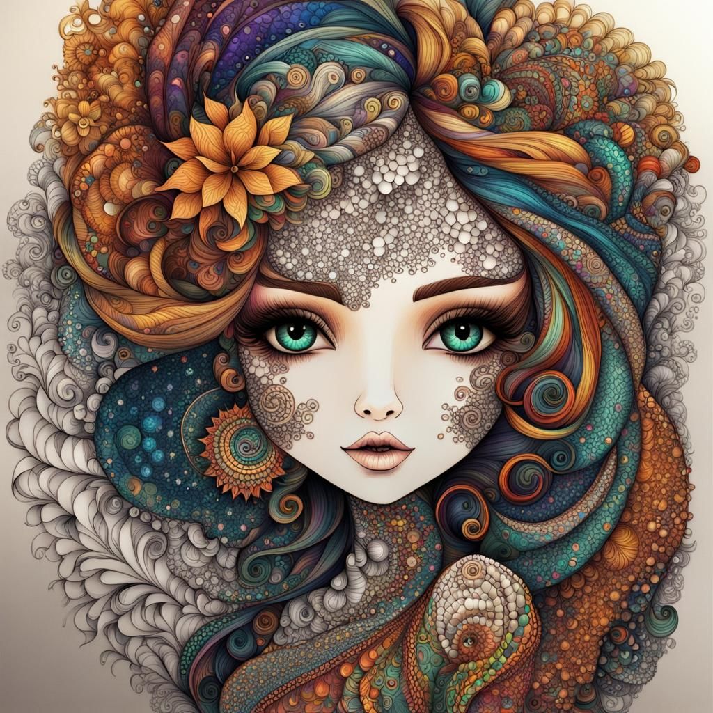 Colorful Fractal Zentangle of a Chibi Woman