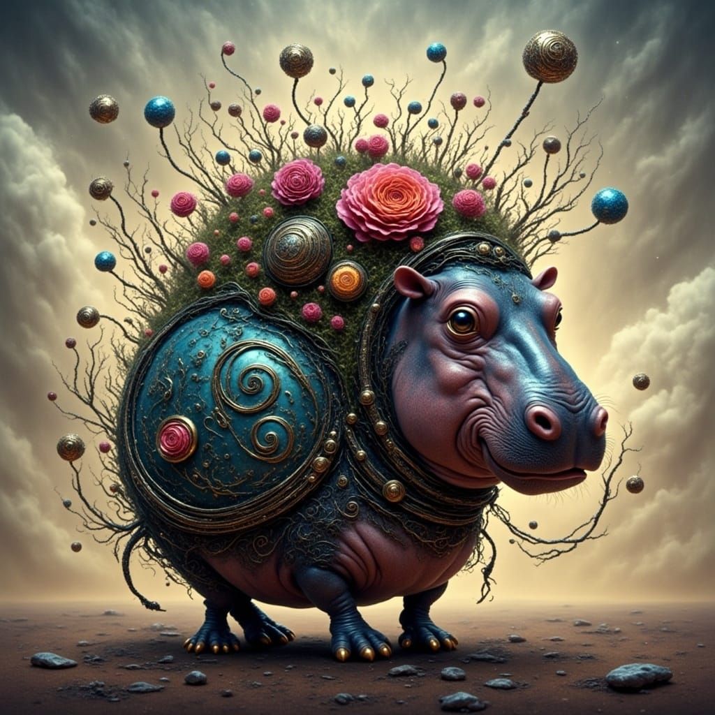 Surreal Hippopotamus in Whimsical Floral Crown with Fairy Wi...