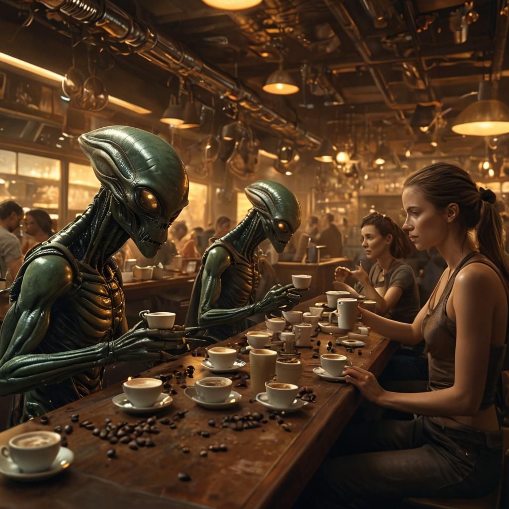 Futuristic Alien Coffee Bar in Cinematic Style