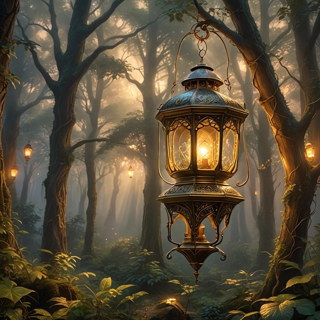 Ethereal Lantern Glows in Misty Forest