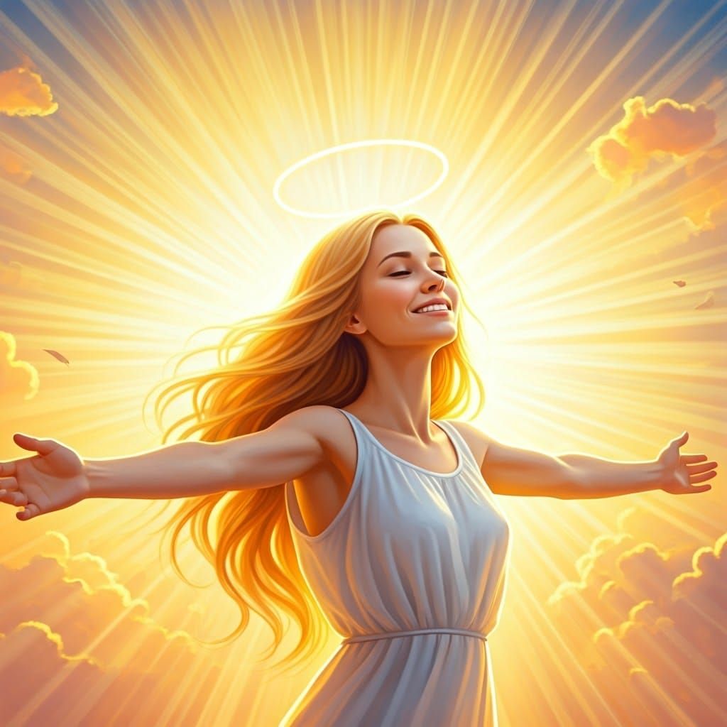 Surreal Goddess Embracing the Divine in an Ethereal Glow