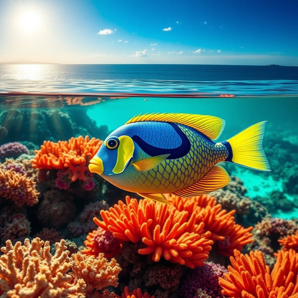 Colorful Coral Reef With Fish and Ocean View