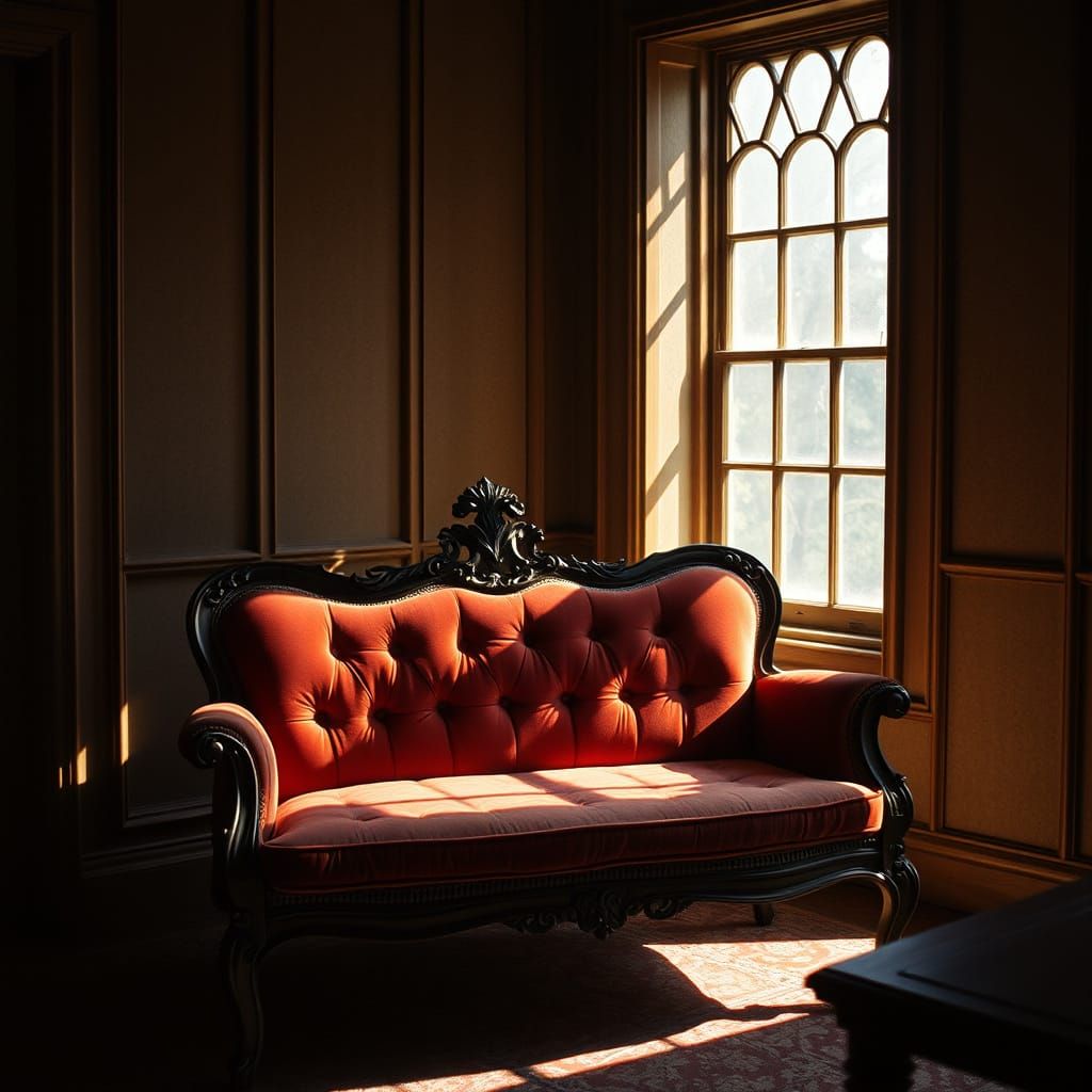 Antique Loveseat in Sunlight: Cinematic Film Still