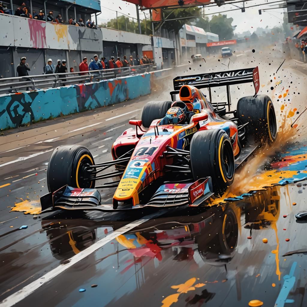 Racing Car on Track in Splash Art Style