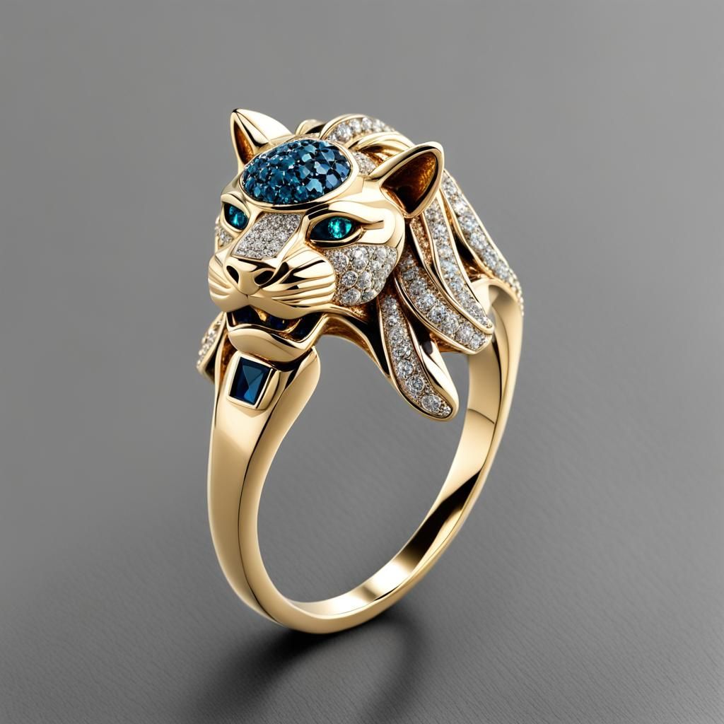 Lion Cat Gold Ring with Diamonds Design
