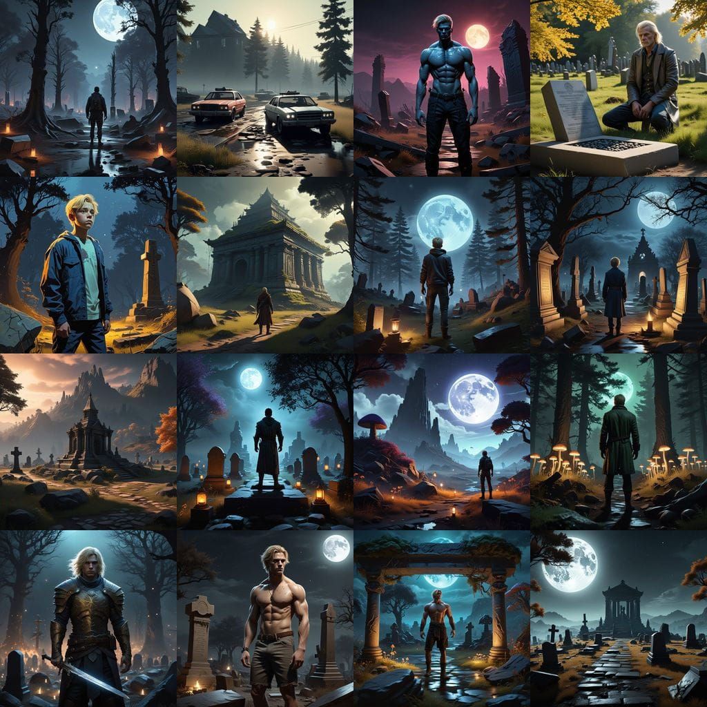 Young Blonde Warrior Stands Before a Grave at Night in a Fan...