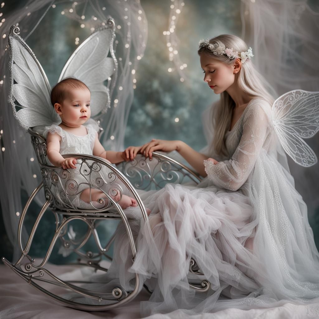 Fairy in Silver Lace with Baby: Fantasy Illustration