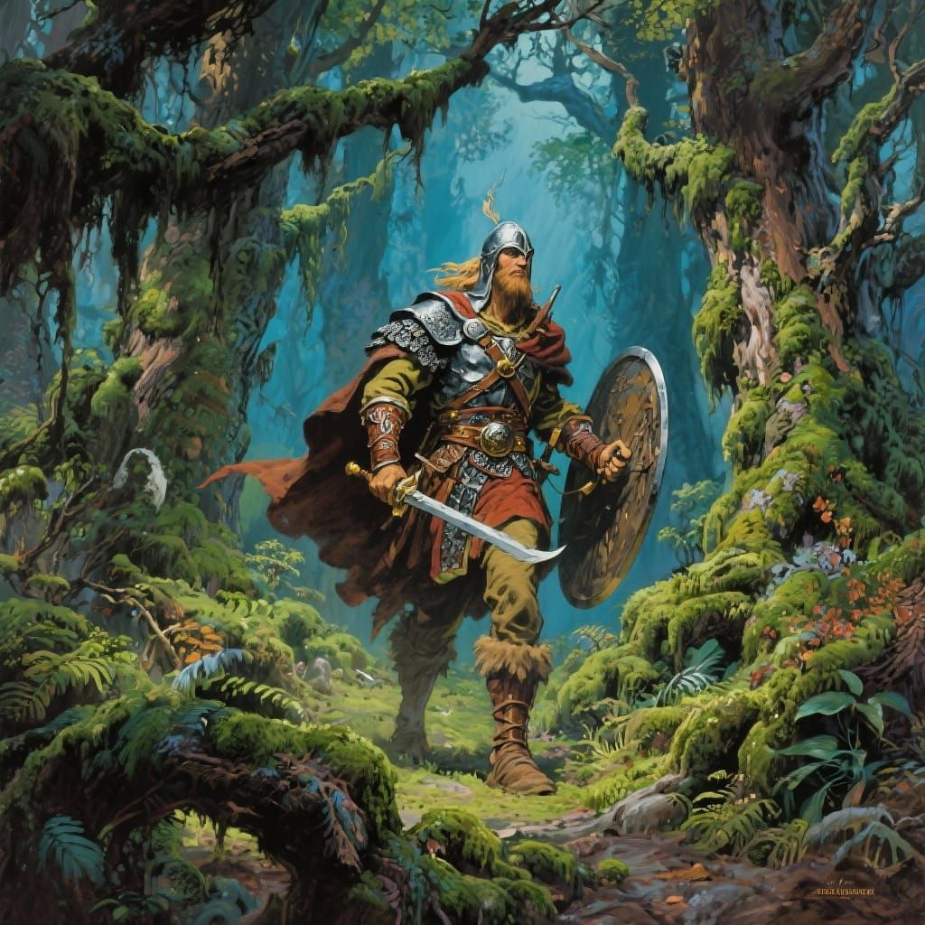 Classic Fantasy Warrior in Mossy Forest