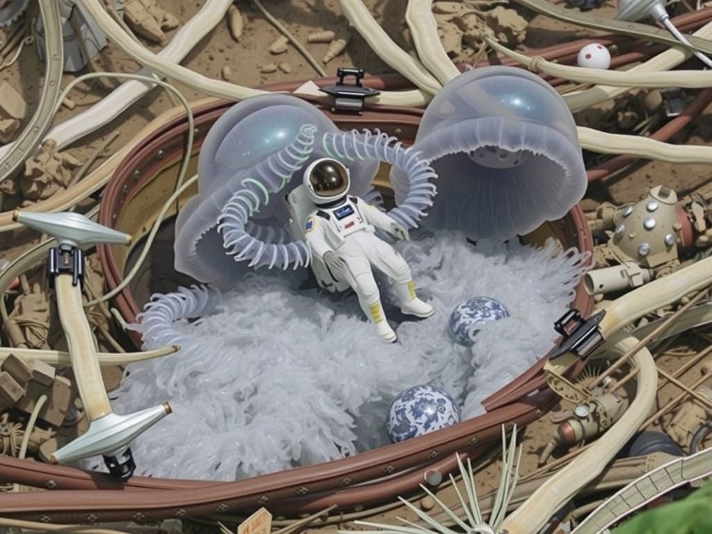 Astronaut and Bioluminescent Jellyfish on Alien Planet