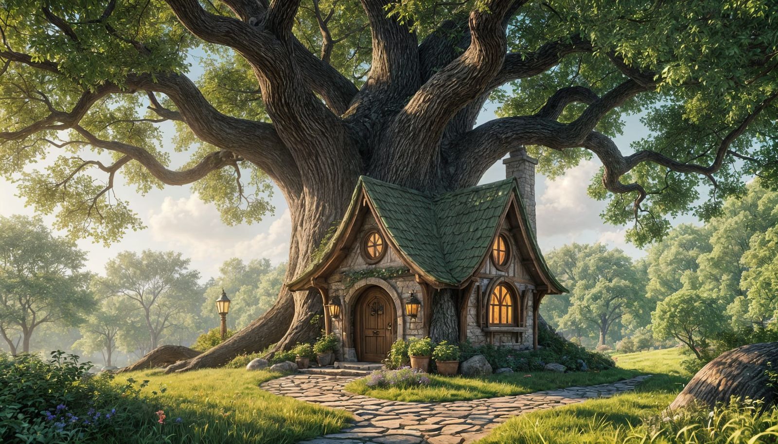 Elven Cottage in Ancient Oak Tree, Fantasy Art