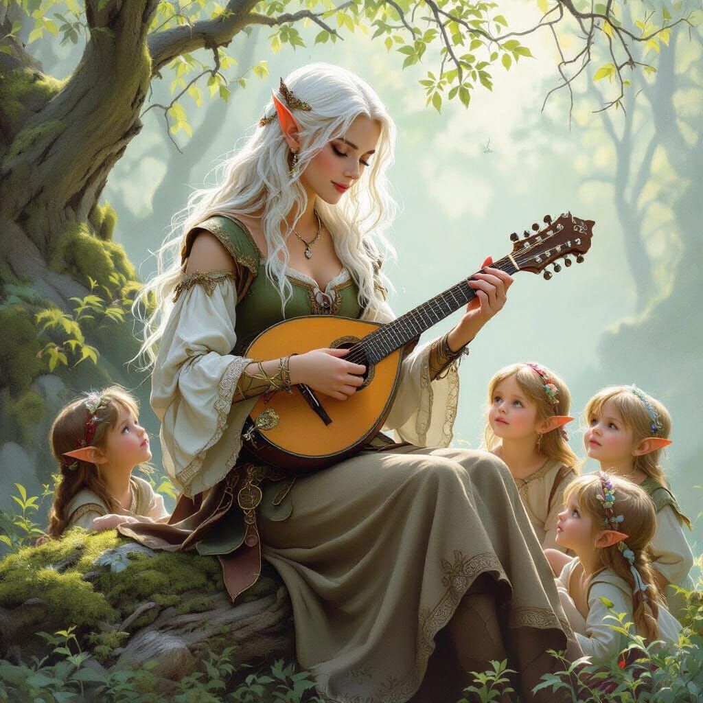 Elven Bard Plays Mandolin for Children in Ethereal Forest