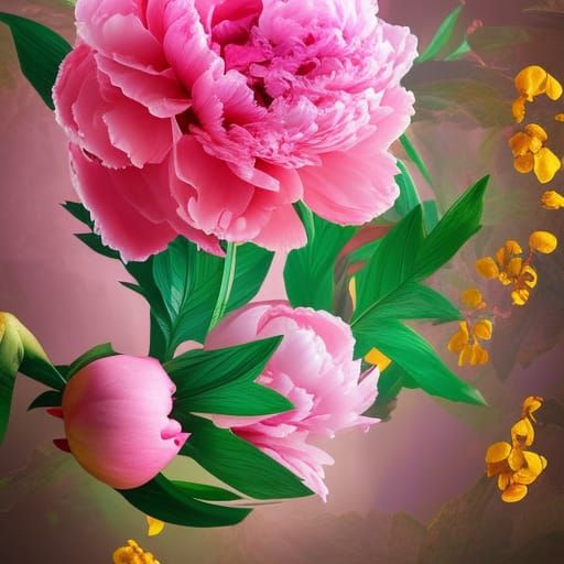 Colorful Peony Flower Close-Up: Digital Matte Painting