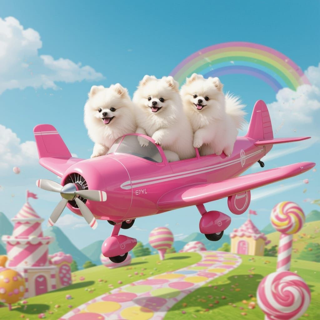 Pomeranians Fly Pink Airplane in Candy Land Park