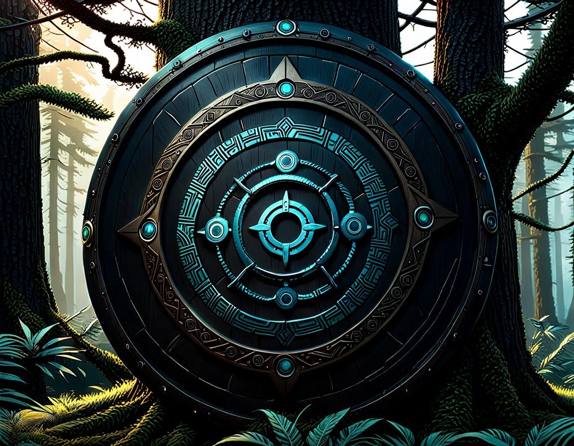 Cyberpunk Viking Shield with Ouroboros Symbol