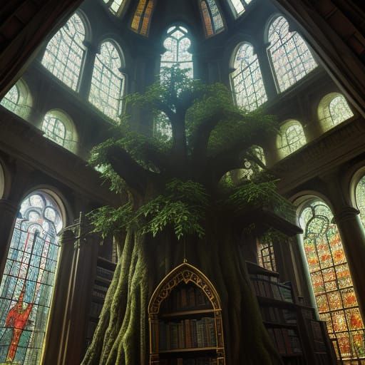 Hidden Library in Ancient Tree: Hyperrealistic Concept Art