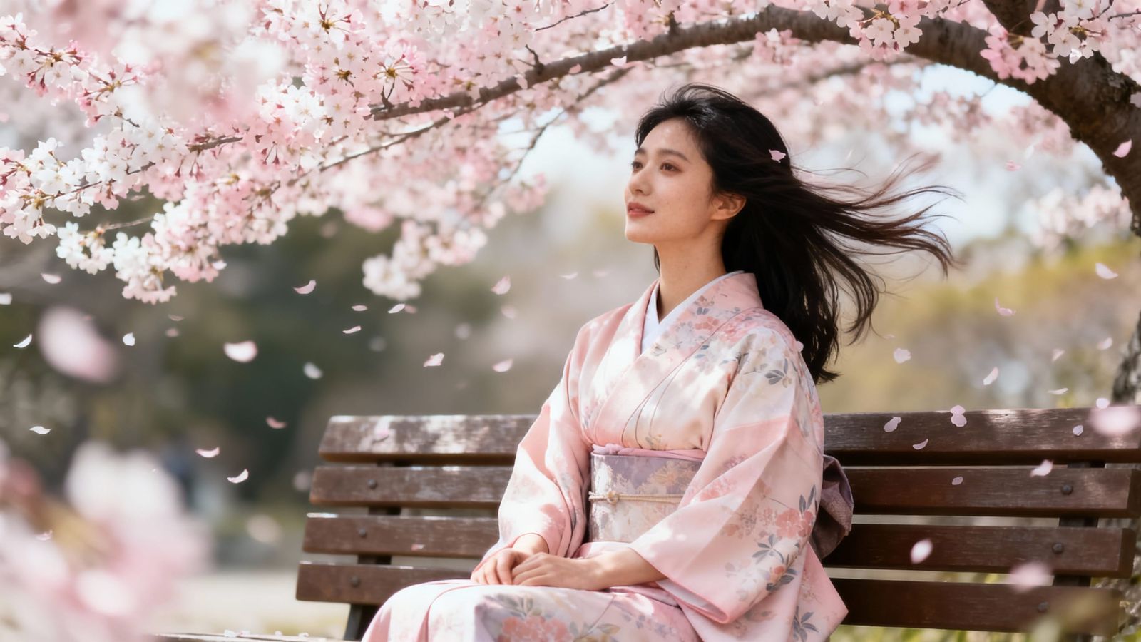 Japanese Woman Under Cherry Blossoms in Elegant Kimono