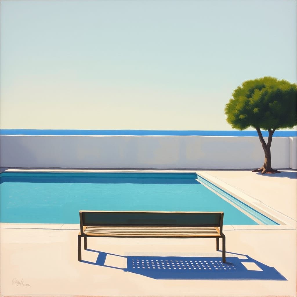 Modern Minimalist Bench by a Serene Pool