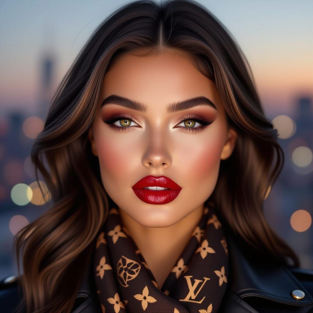 Hyperrealistic Portrait with Ombre Lips and Designer Scarf