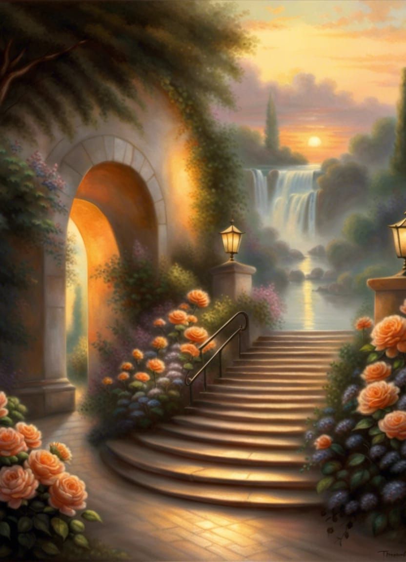 Ethereal Sunset: Hyperdetailed Oil Painting with Archway