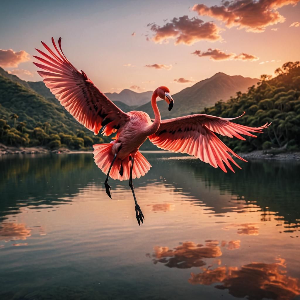 Flamingo Sunset Flight: Ultra Realistic 8K Photography