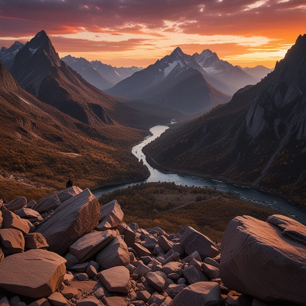Cinematic Sunset Over Rugged Mountain Landscape