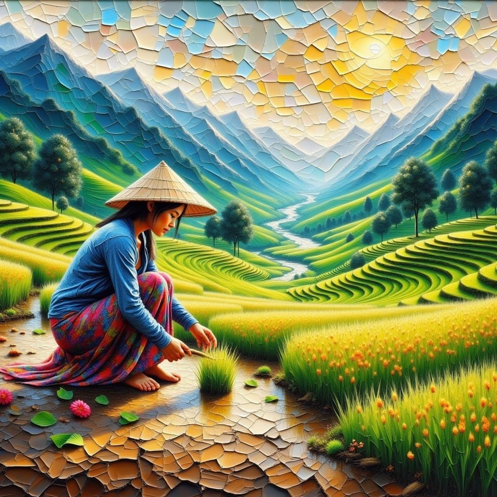 Miao Girl Planting Rice: Impasto Style Landscape