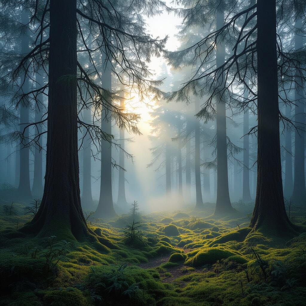 Misty Forest Dawn: Atmospheric Light Rays in Hyperrealistic ...