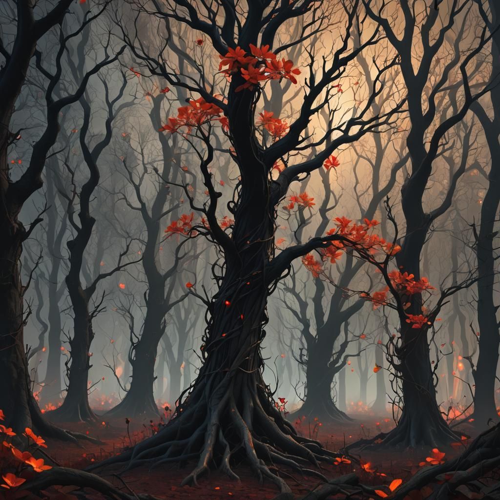 Eerie Forest: Vibrant Flowers in Dark Fantasy 3D Art