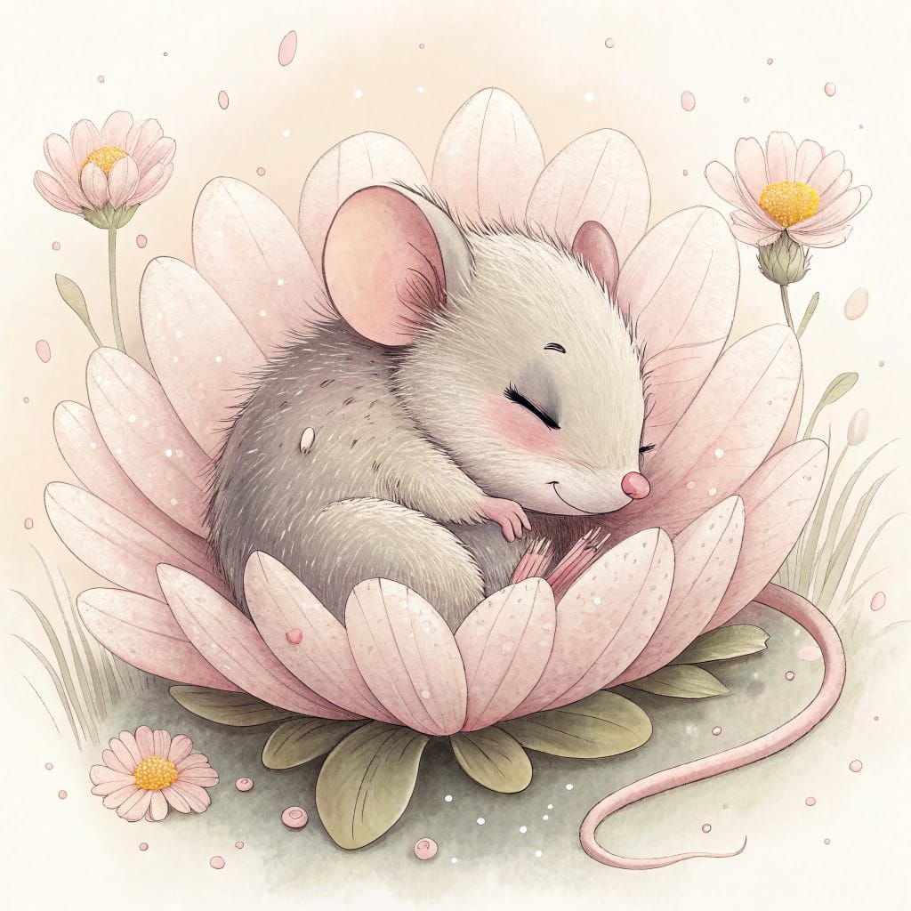 Cute Baby Mouse in a Flower Illustration