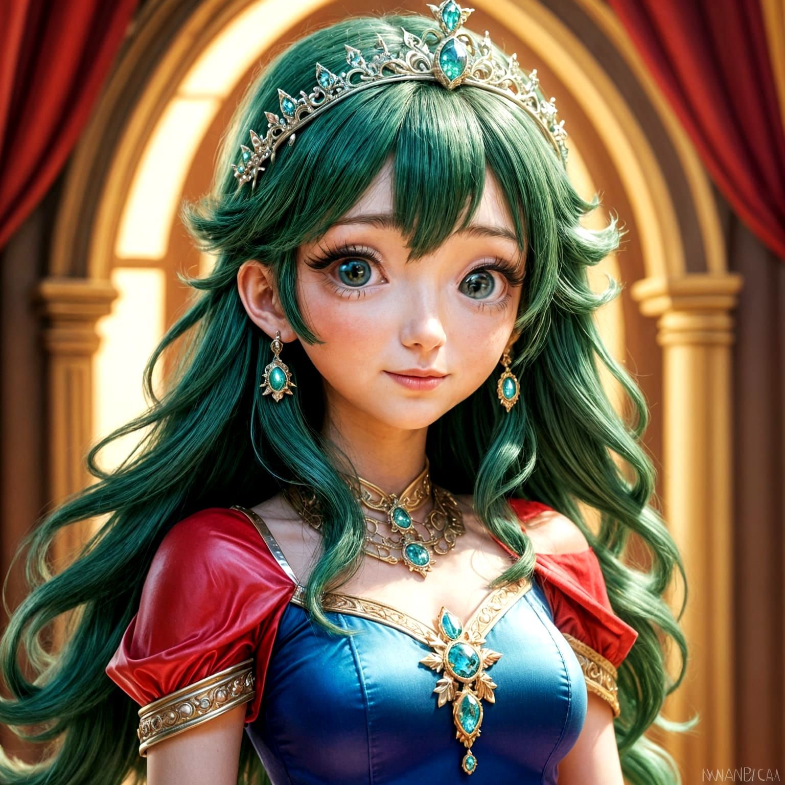 Shy Princess in Ornate Throne Room with Green Hair