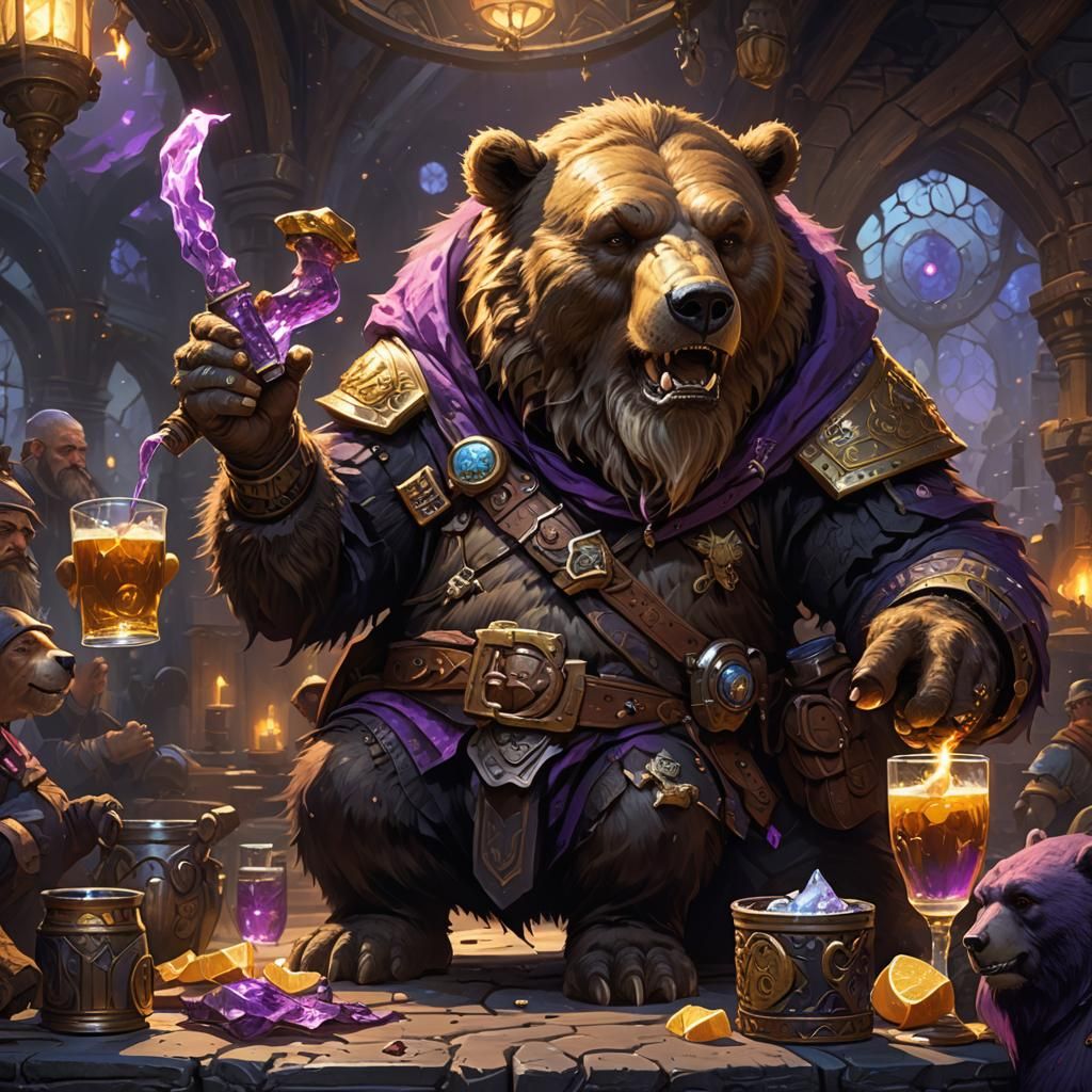Dwarf Drinks Bear in Bar Brawl, Dark Fantasy Art