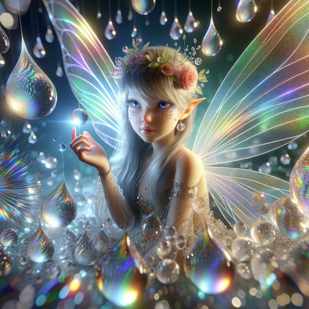Fairy and Prismatic Dewdrops in 4D Fantasy Realm