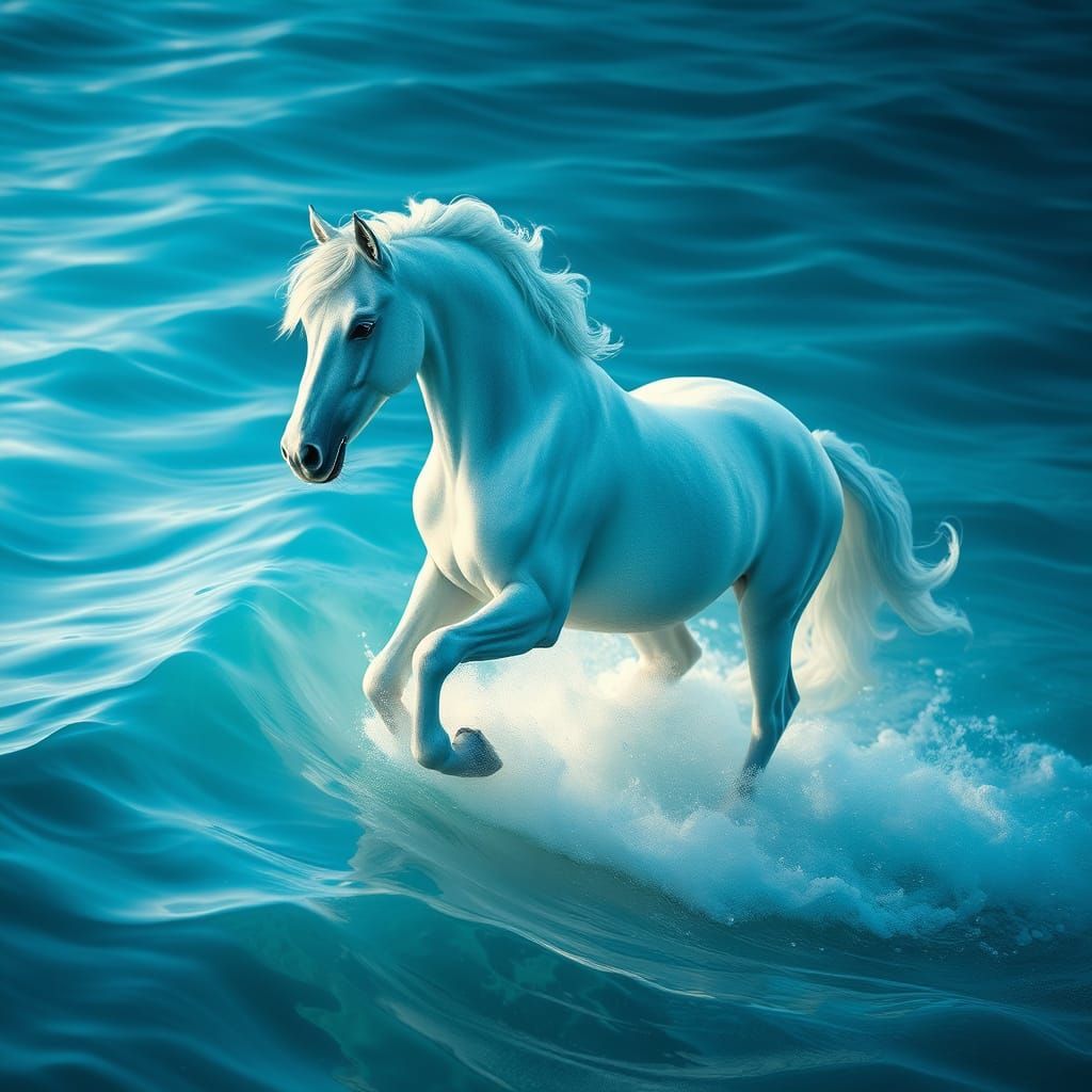 Regal Horse Emerges from Vibrant Blue Waves in a Mystical Sc...