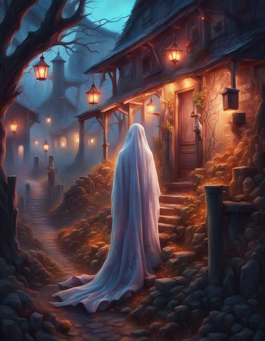 Spooky Haunted Village Scene with Ghosts