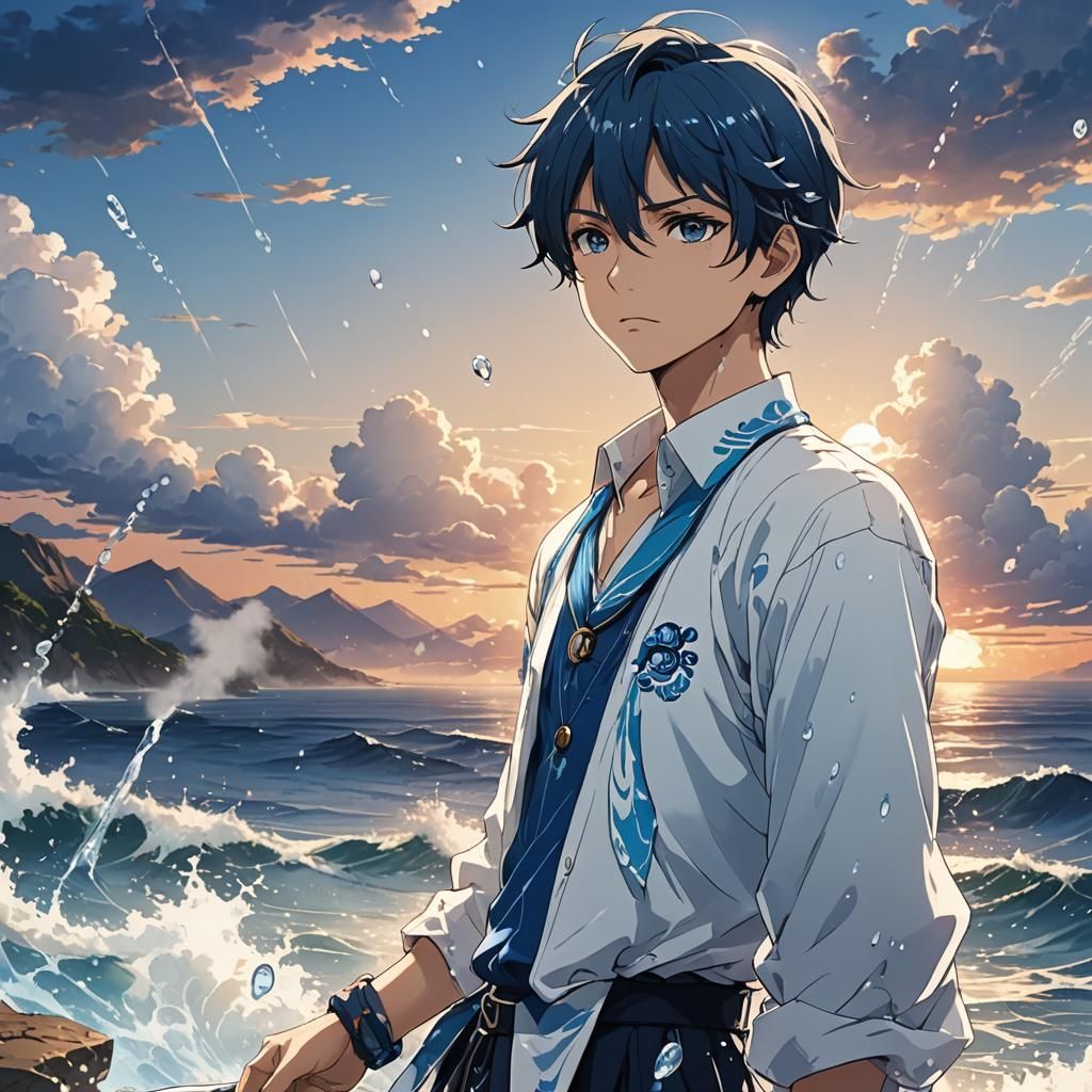 Anime Water Master at Ocean's Edge in Japanese Art Style