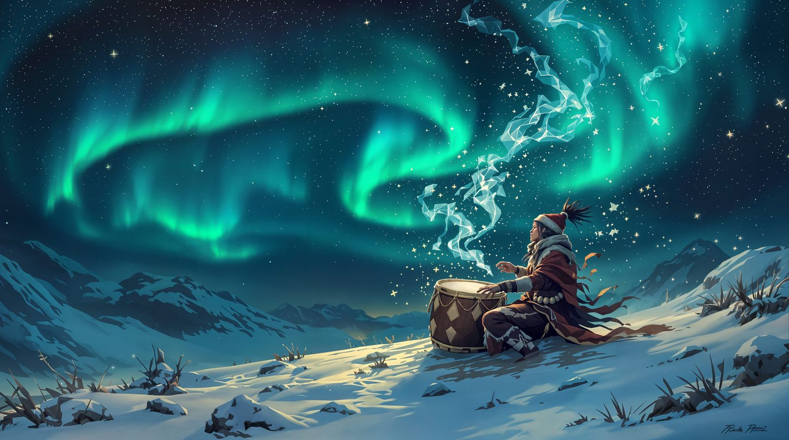Northern Lights Drummer Under Ethereal Cosmic Skies