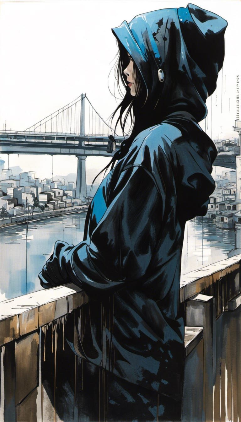 Woman on Bridge with Blue Splash Art